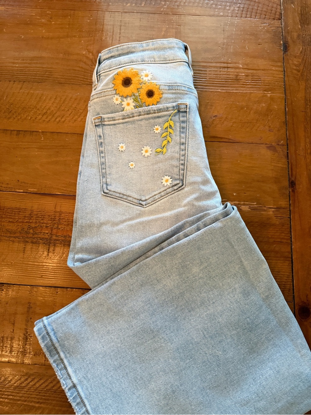 Light Wash Embroidered Flare Jeans with Sunflower Detail